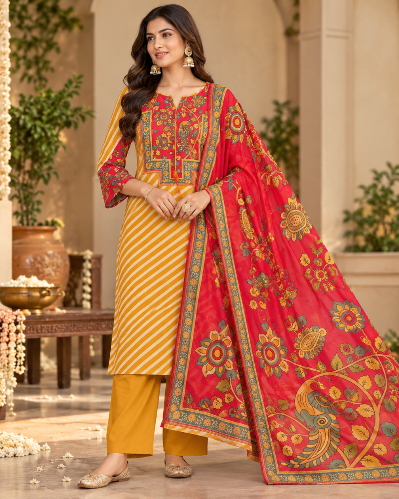 Yellow Cotton Lehariya Handwork 3-Piece Suit