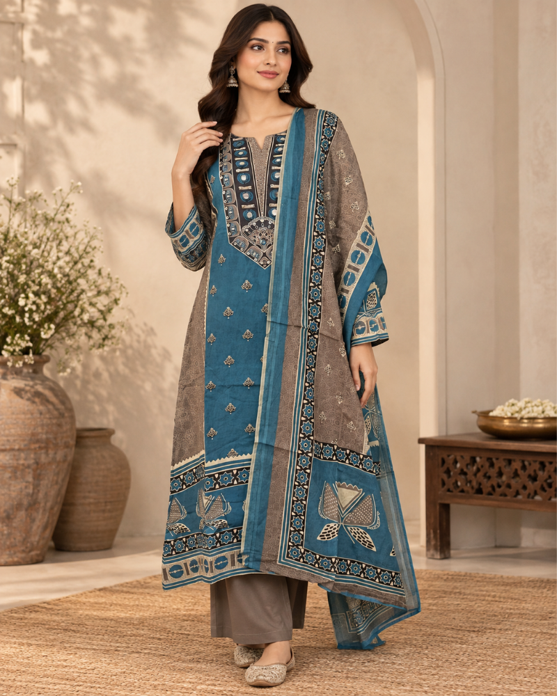 Blue & Grey Cotton Ajrakh Mirror Work 3-Piece Suit