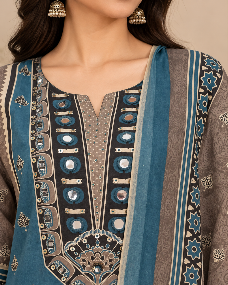 Blue & Grey Cotton Ajrakh Mirror Work 3-Piece Suit - Image 2